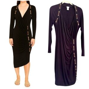 Vintage Cache Dress Size M Black Long Sleeve Faux Wrap Stretch Leather Trim Y2K